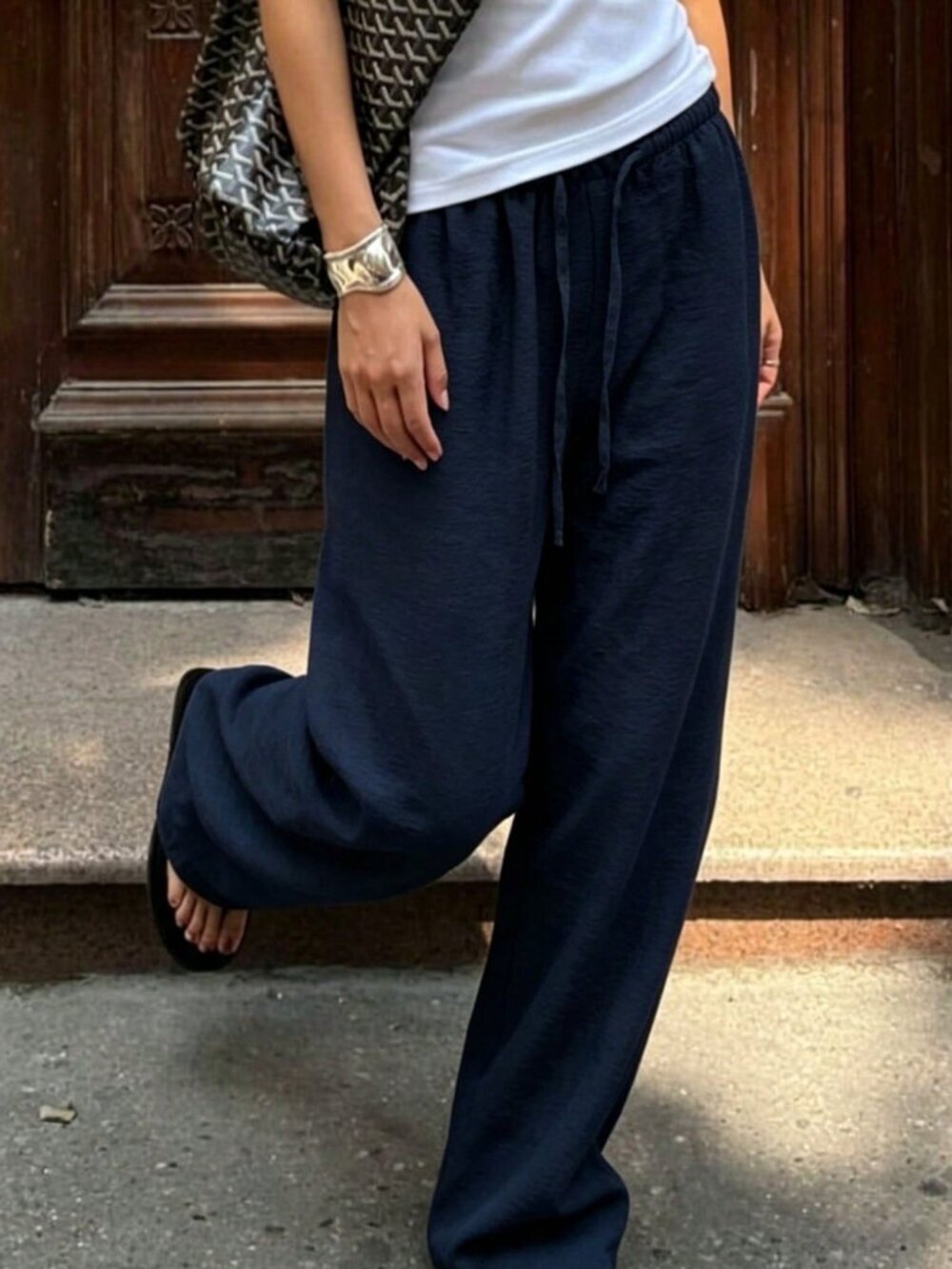 Navy Blue Casual Women's Linen Style Wide Leg Pants - Picture 3 of 6